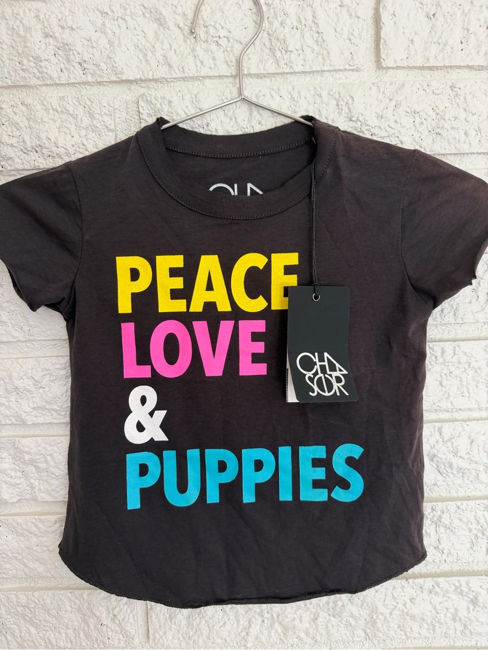 Chaser Black Peace Love & Puppies Tee with Yellow, Pink, White & Teal Graphic